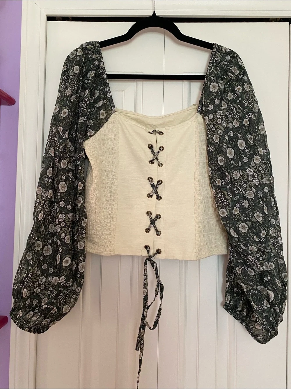 Anthropologie Cream Cropped Square-Neck Top with Olive Floral Sleeves